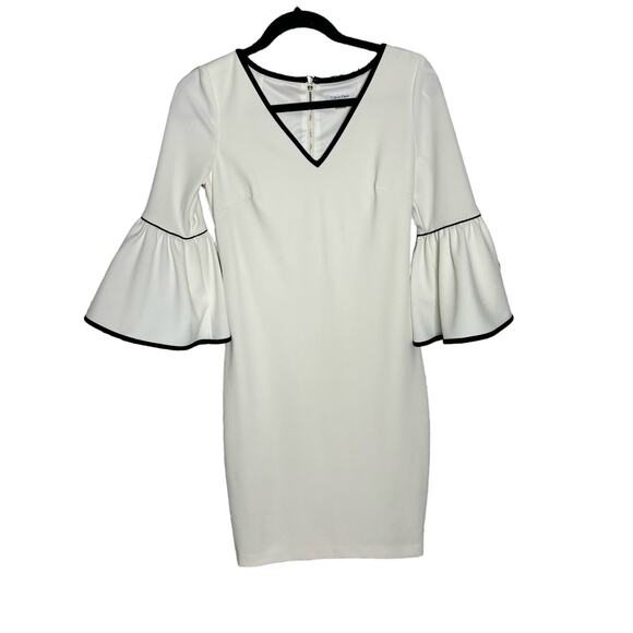 Calvin Klein Dresses & Skirts - Calvin Klein White and Black Bell Sleeve Long Sleeve Knee Length Dress Size 4